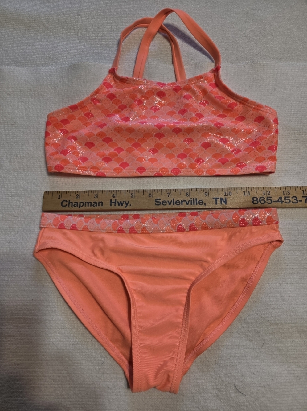 Girls' Neon Coral Mermaid Swimsuit Set with Skirt. Sz 10-12 - Picture 3 of 5